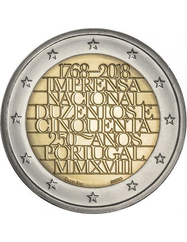 Awers monety 2 euro 2018 250lecie istnienia portugalskiej drukarni państwowej