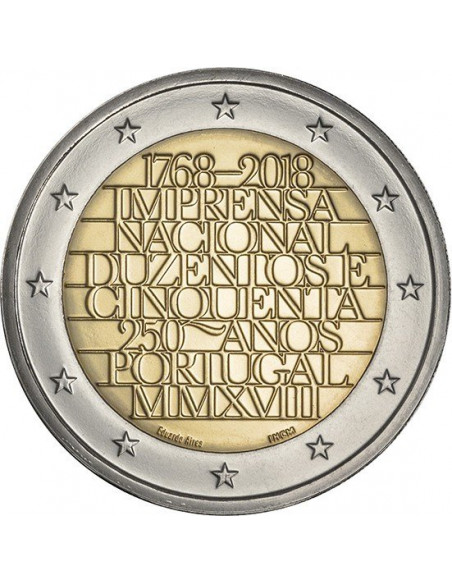 Awers monety Portugalia 2 euro 2018 250lecie istnienia portugalskiej drukarni państwowej