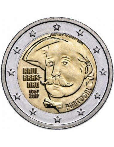 Awers monety Portugalia 2 euro 2017 150 rocznica urodzin pisarza Raula Brandão
