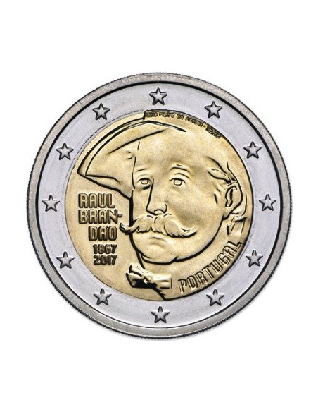 Awers monety Portugalia 2 euro 2017 150 rocznica urodzin pisarza Raula Brandão