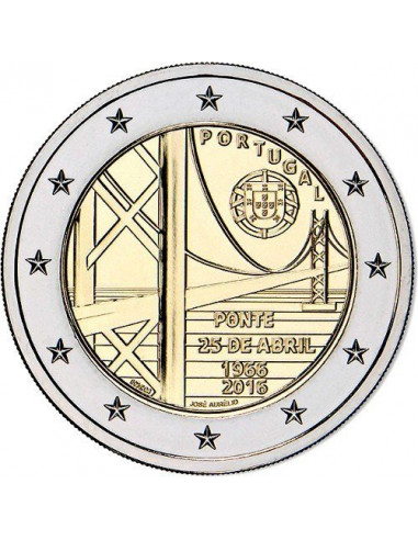 Awers monety Portugalia 2 euro 2016 50 rocznica powstania pierwszego mostu nad estuarium rzeki Tag