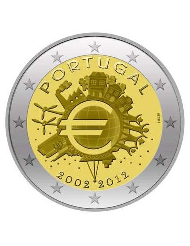 Awers monety Portugalia 2 euro 2012 10lecie banknotów i monet euro Portugalia