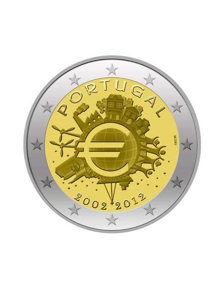 Awers monety Portugalia 2 euro 2012 10lecie banknotów i monet euro Portugalia