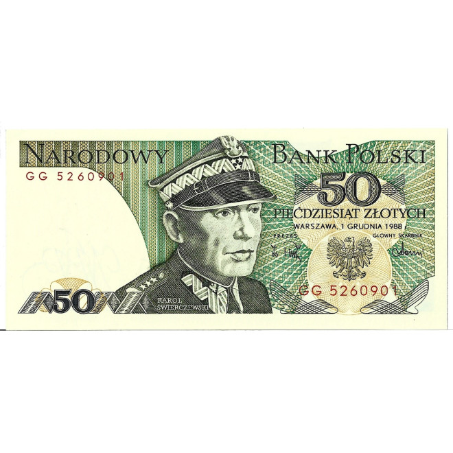 Przód banknotu 50 Złotych 1988 UNC