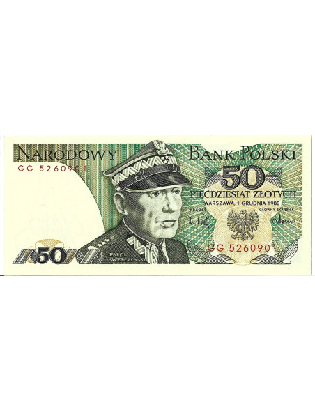 Przód banknotu 50 Złotych 1988 UNC