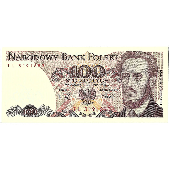 Przód banknotu 100 Złotych 1988 UNC