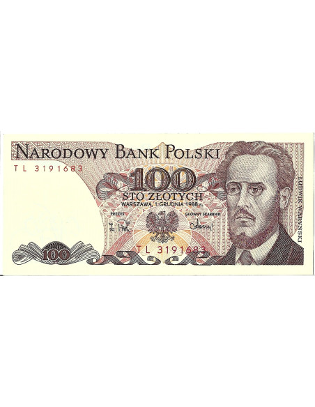 Przód banknotu 100 Złotych 1988 UNC