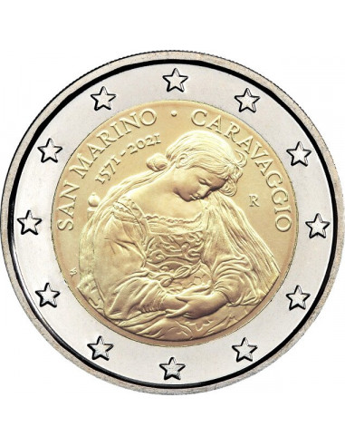Awers monety San Marino 2 euro 2021 Maria Magdalena pokutująca obraz autorstwa Caravaggia