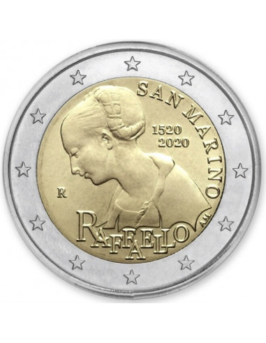 Awers monety San Marino 2 euro 2020 500 rocznica śmierci Raffaello Sanzio