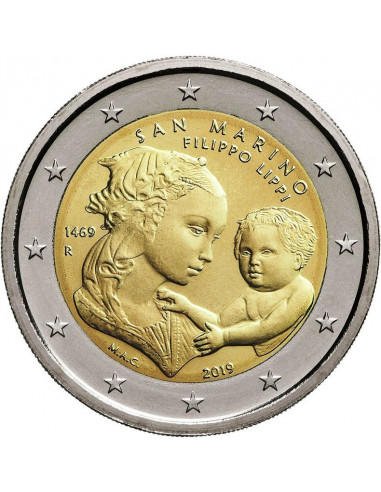 Awers monety San Marino 2 euro 2019 550 rocznica śmierci Filippo Lippi