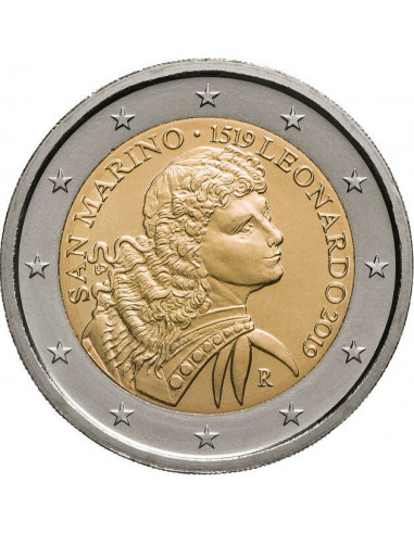 Awers monety San Marino 2 euro 2019 500 rocznica śmierci Leonarda da Vinci