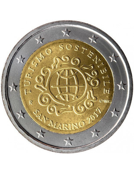 Awers monety San Marino 2 euro 2017 Międzynarodowy Rok Zrównoważonej Turystyki na rzecz Rozwoju