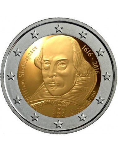 Awers monety 2 euro 2016 400 rocznica śmierci Williama Szekspira