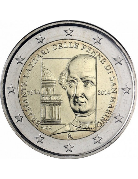 Awers monety San Marino 2 euro 2014 500 rocznica śmierci Donata Bramantego