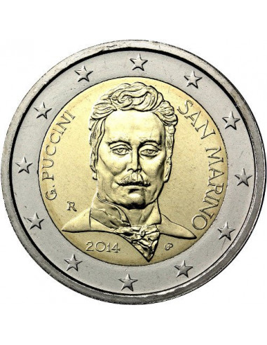 Awers monety San Marino 2 euro 2014 90 rocznica śmierci Giacoma Pucciniego