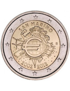 Awers monety San Marino 2 euro 2012 10lecie banknotów i monet euro San Marino