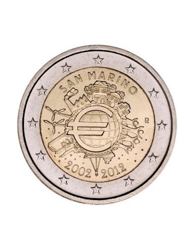 Awers monety 2 euro 2012 10lecie banknotów i monet euro San Marino