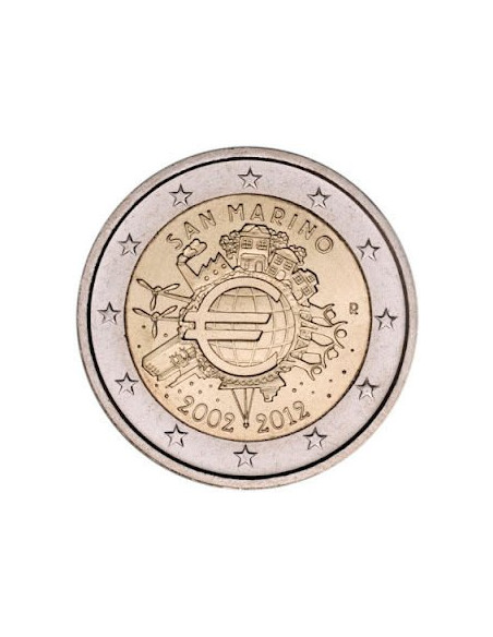 Awers monety San Marino 2 euro 2012 10lecie banknotów i monet euro San Marino