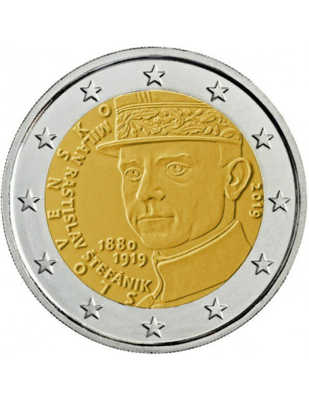 Awers monety Słowacja 2 euro 2019 100 rocznica śmierci Milana Rastislava Štefánika