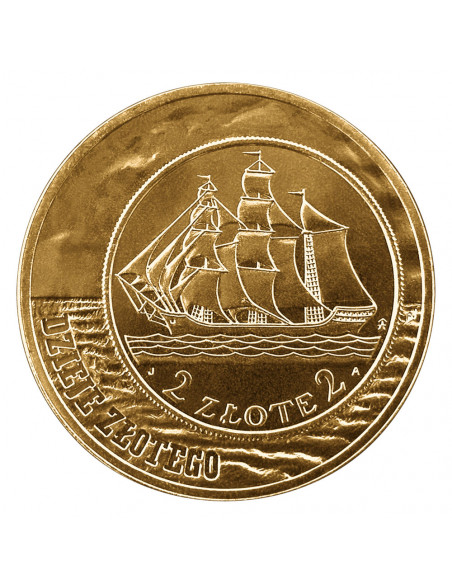 Awers monety 2 zł 2005 Dzieje złotego: Żaglowiec 2 zł i 5 zł z 1936 r.
