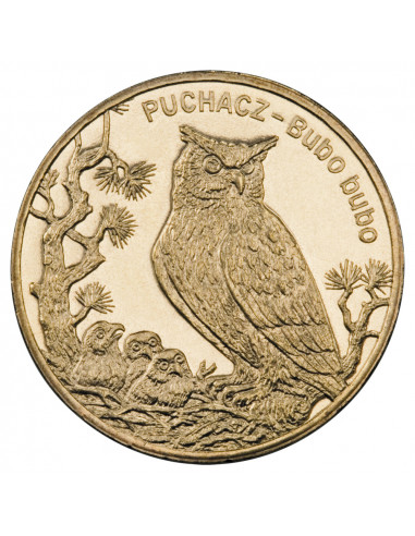 Awers monety 2 zł 2005 Zwierzęta świata: Puchacz łac. Bubo bubo