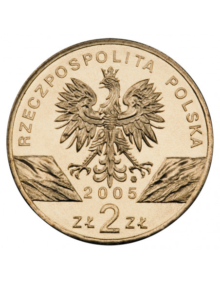 Rewers monety 2 zł 2005 Zwierzęta świata: Puchacz łac. Bubo bubo