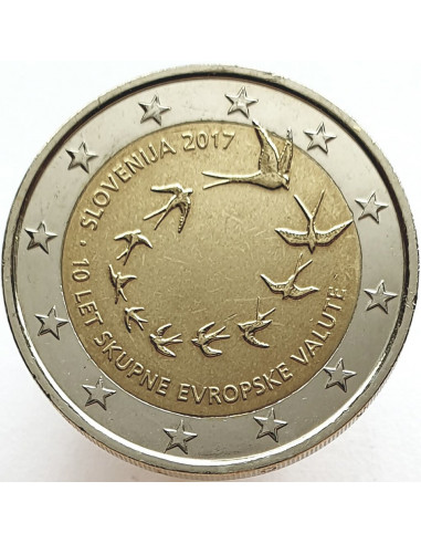 Awers monety 2 euro 2017 10 rocznica przyjęcia waluty euro przez Słowenię
