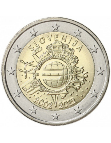 Awers monety 2 euro 2012 10lecie banknotów i monet euro Słowenia