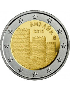 Awers monety Hiszpania 2 euro 2019 UNESCO – starówka w Ávili i kościoły za murami