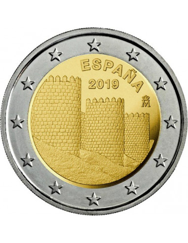 Awers monety Hiszpania 2 euro 2019 UNESCO – starówka w Ávili i kościoły za murami