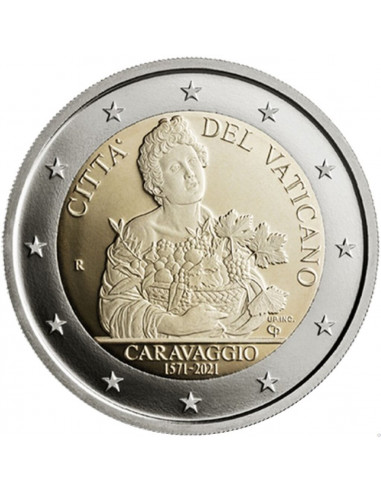 Awers monety Watykan 2 euro 2021 450 rocznica urodzin Caravaggio