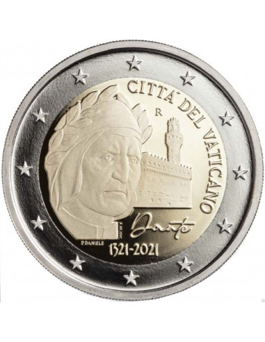 Awers monety 2 euro 2021 700 rocznica śmierci Dante Alighieri