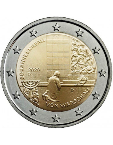 Awers monety 2 euro 2020 50 rocznica uklęknięcia Willy’ego Brandta