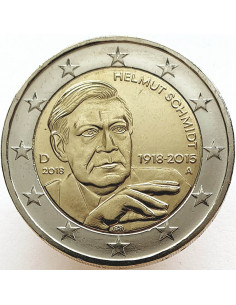 Awers monety Niemcy 2 euro 2018 100 rocznica urodzin niemieckiego męża stanu i kanclerza Helmuta Schmidta