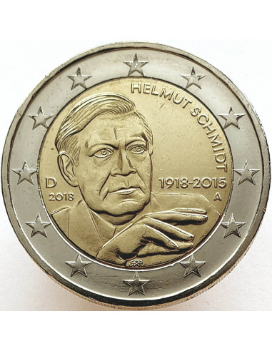 Awers monety Niemcy 2 euro 2018 100 rocznica urodzin niemieckiego męża stanu i kanclerza Helmuta Schmidta