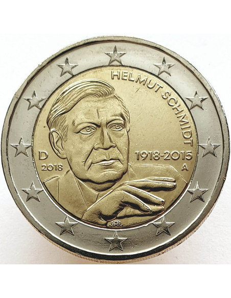 Awers monety Niemcy 2 euro 2018 100 rocznica urodzin niemieckiego męża stanu i kanclerza Helmuta Schmidta
