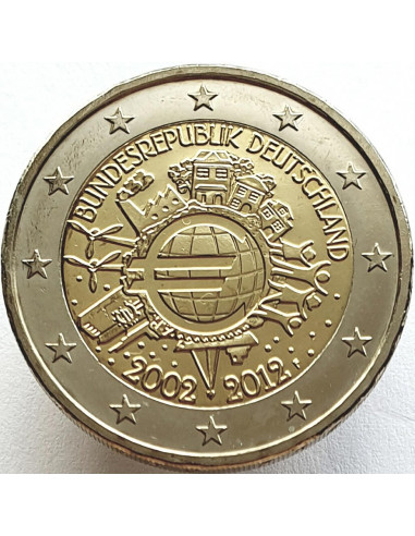 Awers monety 2 euro 2012 10lecie banknotów i monet euro Niemcy