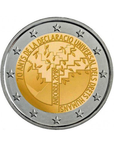 Awers monety 2 euro 2018 70lecie powstania Powszechnej Deklaracji Praw Człowieka Andora