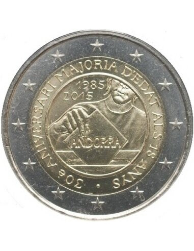 Awers monety Andora 2 euro 2015 30 rocznica praw politycznych dla osób kończących 18 rok życia w Andorze