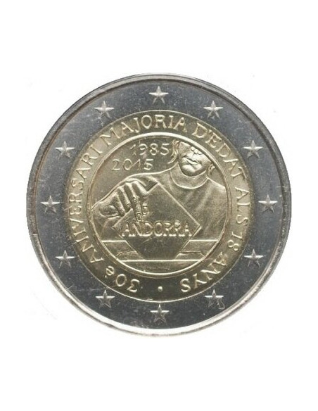 Awers monety Andora 2 euro 2015 30 rocznica praw politycznych dla osób kończących 18 rok życia w Andorze