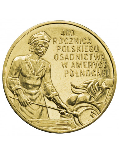 Awers monety 2 zł 2008 400. rocznica polskiego osadnictwa w Ameryce Północnej