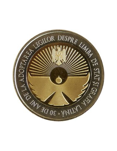 Awers monety 10 Lejów 2019 30 lat od uchwalenia ustaw o języku państwowym i grafii łacińskiej
