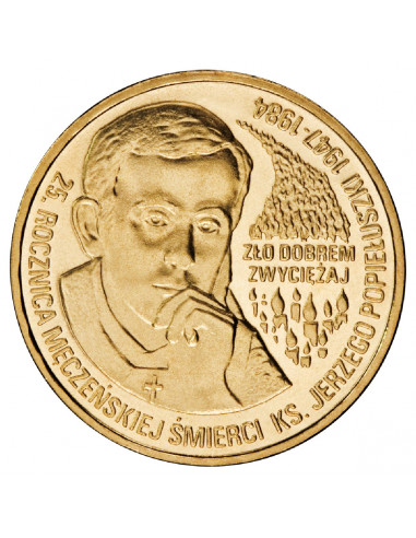Awers monety 2 zł 2009 25. rocznica męczeńskiej śmierci księdza Jerzego Popiełuszki