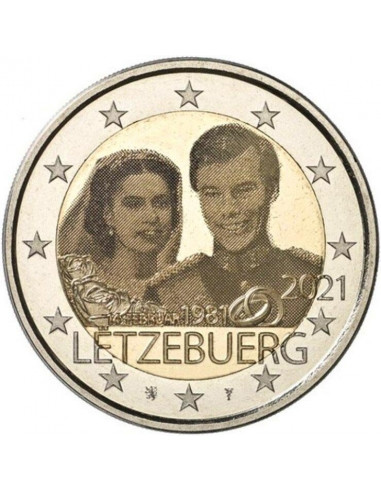Awers monety 2 euro 2021 40 rocznica ślubu Wielkiego Księcia Henryka i Marii Teresy