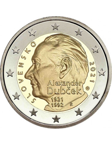 Awers monety 2 euro 2021 100 rocznica urodzin Alexandra Dubčeka