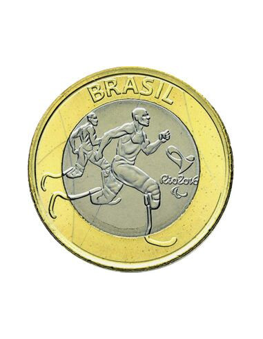Awers monety 1Real 2015 XV Letnie Igrzyska Paraolimpijskie Rio de Janeiro 2016 atletyka paraolimpijska