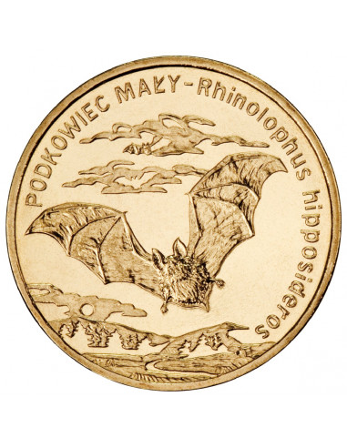 Awers monety 2 zł 2010 Zwierzęta świata – podkowiec mały łac. Rhinolophus hipposideros