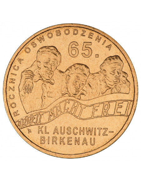 Awers monety 2 zł 2010 65. rocznica oswobodzenia KL AuschwitzBirkenau