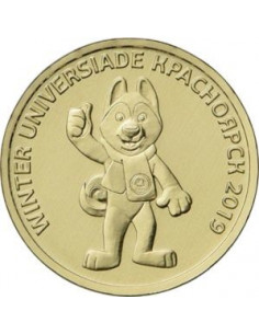Awers monety 10 Rubli 2018 Uniwersjada w Krasnojarsku 2019 Maskotka