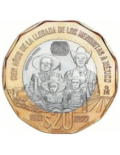 Awers monety Meksyk 20 Peso 2022 100. rocznica przybycia mennonitów do Meksyku 2